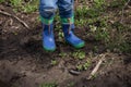 Pair of kid boots in a muddy ground