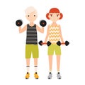 Pair of kids dressed in sportswear doing exercise with barbells isolated on white background. Sports activity, strength