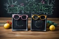 pair of kids glasses laying on a desk with a chalkboard background