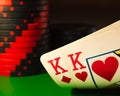 A pair of kings and poker chips. Two cards king of diamonds and king of hearts. Nuts hand to win. Royalty Free Stock Photo