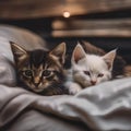 A pair of kittens napping together in a cozy bed2