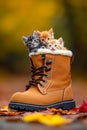 A pair of kittens sitting on top of a pair of boots Royalty Free Stock Photo