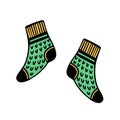 Pair of knitted green socks. Simple vector icon. Hand drawn doodle isolated on white. Soft warm clothes for feet