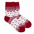 Pair of Knitted Red and White Patterned Socks on White Background Royalty Free Stock Photo