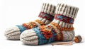 Pair of Knitted Socks Featuring Intricate Geometric Patterns on White Background Royalty Free Stock Photo