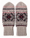 Pair of Knitted Wool Mittens Featuring Gray Black and Red Patterns on White Background Royalty Free Stock Photo
