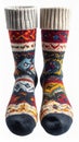 Pair of Knitted Wool Socks With Intricate Patterns Isolated on White Royalty Free Stock Photo