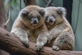 pair of koalas sitting together on a tree branch, their paws entwined