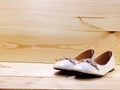 Lady flat shoes on wooden background and space copy Royalty Free Stock Photo