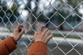 A pair of lady's hands clinging to the wire mesh in the cold weather