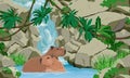 A pair of large capybaras are sitting in the water near a large tropical waterfall. Rodents of South America