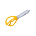 Large sewing scissors with yellow handles. Stainless steel dressmaker shears. Cutting instrument. Flat vector icon