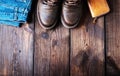 Pair of leather brown shoes, wallet and jeans Royalty Free Stock Photo