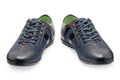Pair leather dark blue color male sport shoes with shoelaces