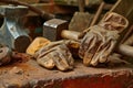 a pair of leather gloves on a wooden surface