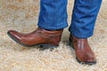 Pair of legs in cowboy boots and jeans on straw Royalty Free Stock Photo