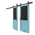 Pair of light blue barn sliding doors with black louvers on a white background barn doors Royalty Free Stock Photo