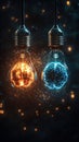 Pair of light bulbs with brain-like structures and energy flow Royalty Free Stock Photo