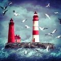 Pair of lighthouses on rocky coastline with stormy skies and seagulls