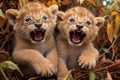 a pair of lion cubs playfully swatting at each other