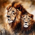 Pair lion lions portrait drawing sketch illustration Royalty Free Stock Photo