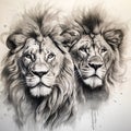 Pair lion lions portrait drawing sketch illustration Royalty Free Stock Photo
