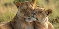 A pair of lionesses grooming each other with affectionate expressions Royalty Free Stock Photo