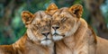 A pair of lionesses grooming each other with affectionate expressions Royalty Free Stock Photo