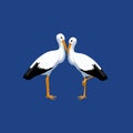 Pair of love birds white storks on a blue background. Royalty Free Stock Photo