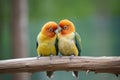 a pair of lovebirds perched on a wooden branch