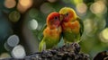 A pair of lovebirds preening each other, their feathers bright and colorful Royalty Free Stock Photo