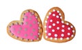 Pair of lovely dotted patterned royal icing heart shaped cookies on transparent background Royalty Free Stock Photo