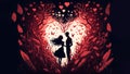 pair of lover silhouettes surrounded with flying hearts for valentines day, neural network generated art