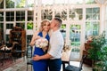 Pair of lovers. girl with bouquet of flowers donated in honor of engagement