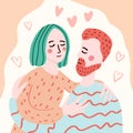 A pair of lovers. Woman and man. Hugs. Hand drawn illustration. Flat cartoon style. Vector illustration for card.