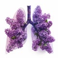 A pair of lungs with purple flowers on a white background, concept illustration of healthy lungs.