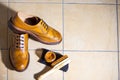 Pair of Luxury Male Full Brogued Tan Oxford Shoes. Placed Together with Shoe wax and Brush on Tiles Floor Royalty Free Stock Photo