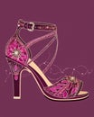 A pair of magenta sandals with an opentoe design and intricate bead detailing. Trendy color of 2023 Viva Magenta.. AI Royalty Free Stock Photo