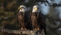 Pair of majestic bald eagles perching on branch, front view generated by AI