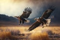 pair of majestic eagles hunting on the open plains