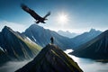 A pair of majestic eagles soaring high above a rugged mountain range Royalty Free Stock Photo