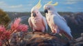 A pair of Major Mitchell\'s cockatoos perched on a rocky outcrop