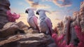 A pair of Major Mitchell\'s cockatoos perched on a rocky outcrop