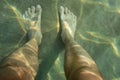 Pair of male feet on sun lit sand sea bottom, view from above, u Royalty Free Stock Photo