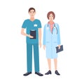 Pair of male and female doctors wearing scrubs and physician coat. Man and woman medical practitioners dressed in
