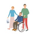 Pair of male and female volunteers helping disabled person. Teenage boy and girl assisting man in wheelchair. Voluntary