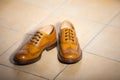 Pair of Male Full Brogued Tan Oxford Shoes. Placed Together on Tiles Floor Royalty Free Stock Photo