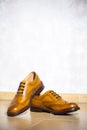 Pair of Male Full Brogued Tan Oxford Shoes. Placed Together on Tiles Floor Royalty Free Stock Photo
