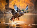 A pair of mallard ducks in fast flight, closeup.