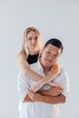 a pair of man and woman lovers embrace on a white background Royalty Free Stock Photo